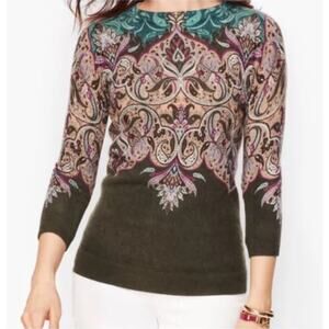 Talbots 100% Pure Cashmere Paisley 3/4 Sleeve Boatneck Sweater Size Petite Small